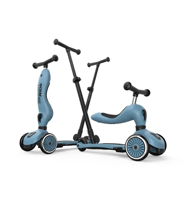 Highwaykick 1 Push and Go children's scooter in blue, they stand next to each other, one in sitting position, one in standing position